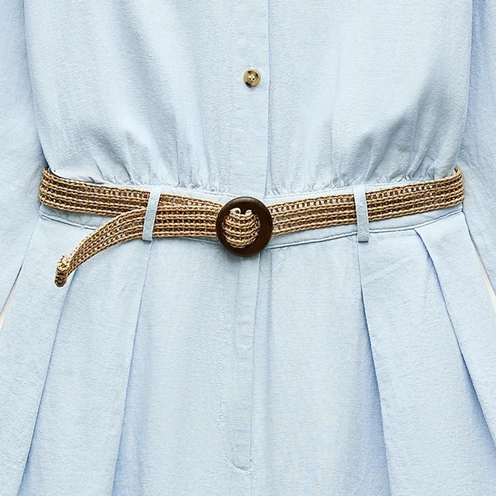 NWT. Zara Light Blue Linen Blend Belted Short Jumpsuit. Size XS.